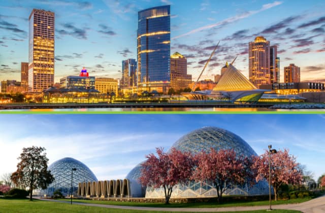 Image of Milwaukee's downtown skyline and the Mitchell Park Horticultural Conservatory