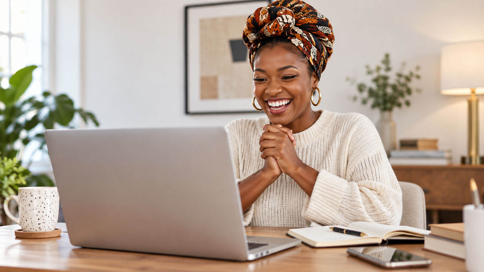 Smiling woman reviewing information on her computer