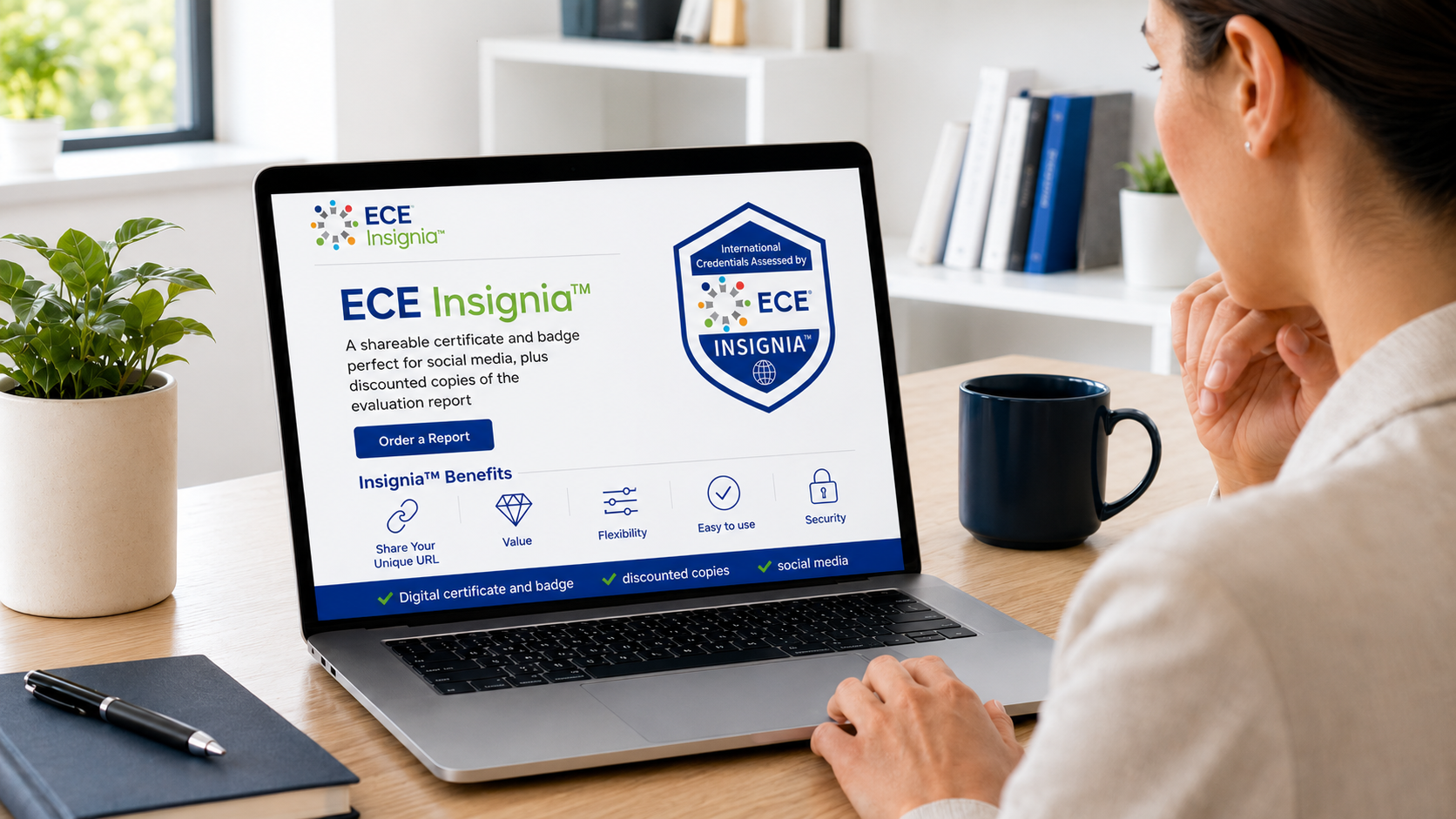 Insignia Landing Page on Laptop with lady in background