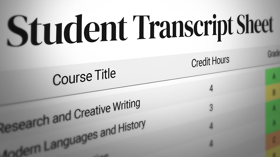 Student transcript sheet cwith subjects and marks mentioned, exams results. University, college, grades