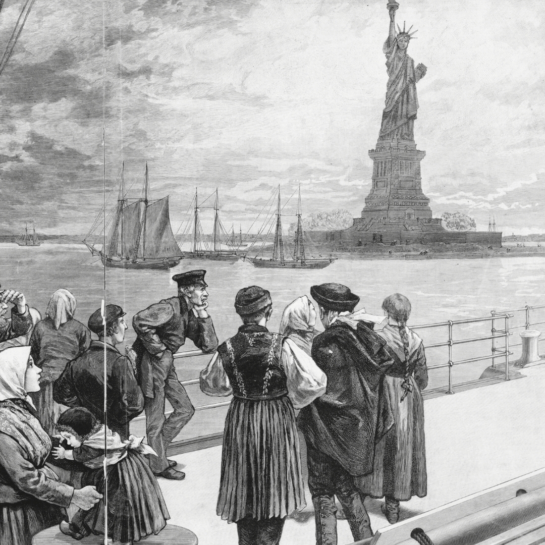 Old Image from a newspaper of Immigrants seeing Ellis Island