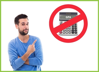 male in a blue shirt pointing to a GPA calculator with a red line through it