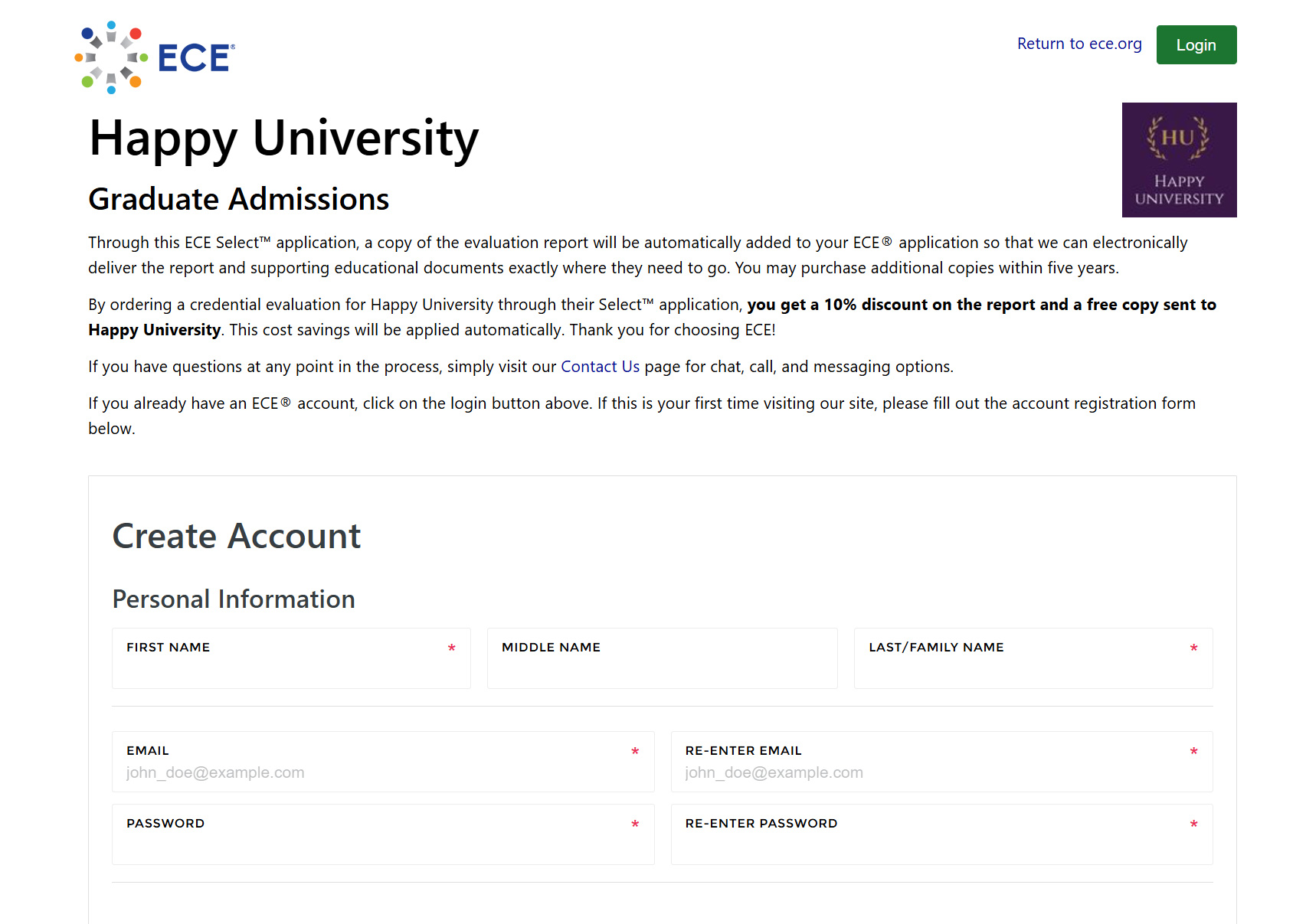 Preview of dedicated Select Application page for a mock University.