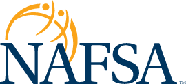 NAFSA logo with blue text and an orange graphical element symbolizing connection and support.
