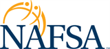NAFSA logo with blue text and an orange graphical element symbolizing connection and support.