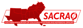 SACRAO logo with red map of southern U.S. states and white acronym.